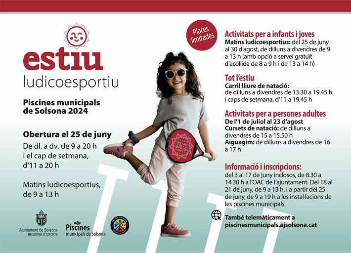 El 3 de juny s’obren les inscripcions a les activitats ludicoesportives de les piscines municipals de Solsona