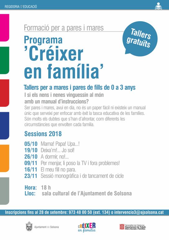 L’Ajuntament solsoní ofereix nous tallers de suport a mares i pares d’infants de 0 a 3 anys