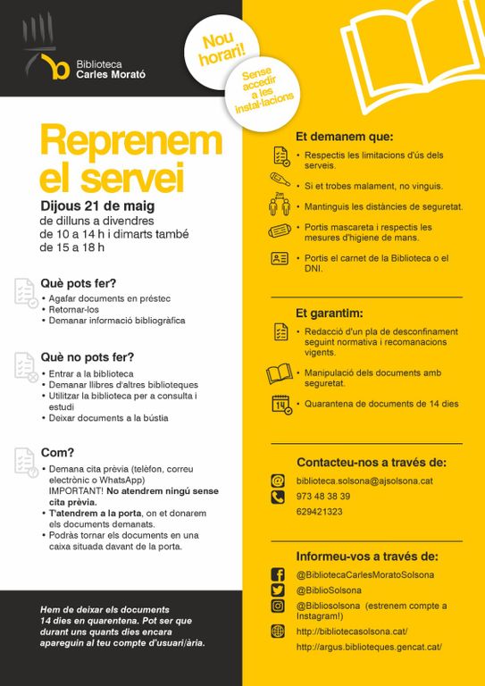 La biblioteca solsonina reprèn aquest dijous el servei de préstec i retorn de documents