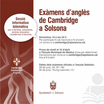 La regidoria d’Educació organitza divendres una sessió informativa sobre els exàmens de Cambridge a Solsona 