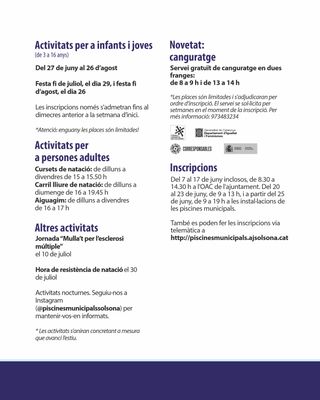 Les piscines municipals de Solsona obren dimarts les inscripcions a les activitats ludicoesportives