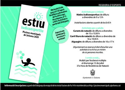 Les piscines municipals de Solsona obren les inscripcions el dia 8 presencialment i també telemàtica